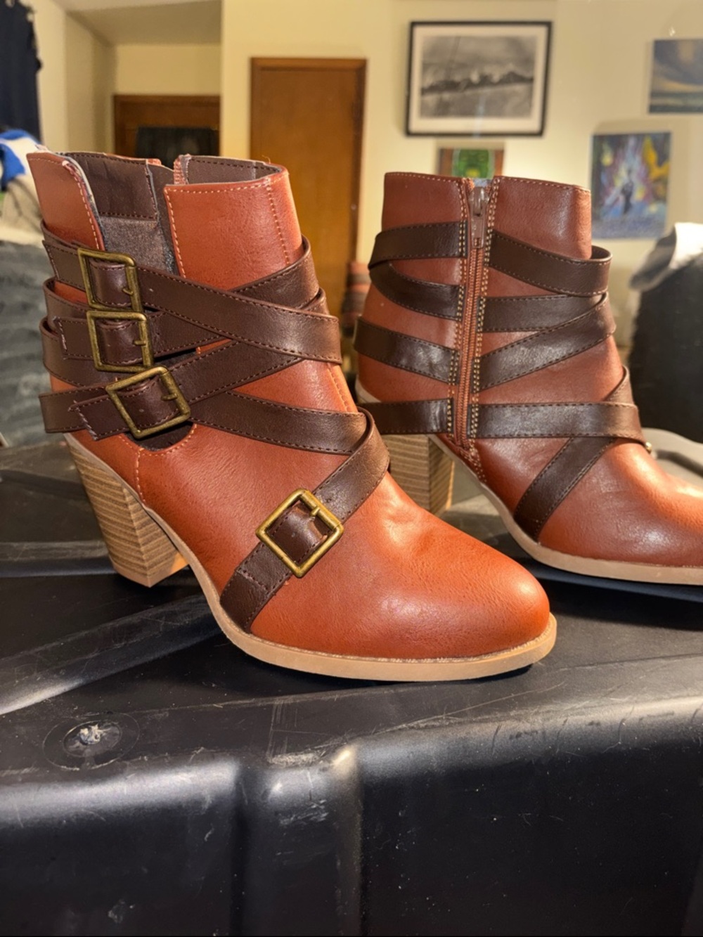 Women's Cognac Buckle-Strap Ankle Boots